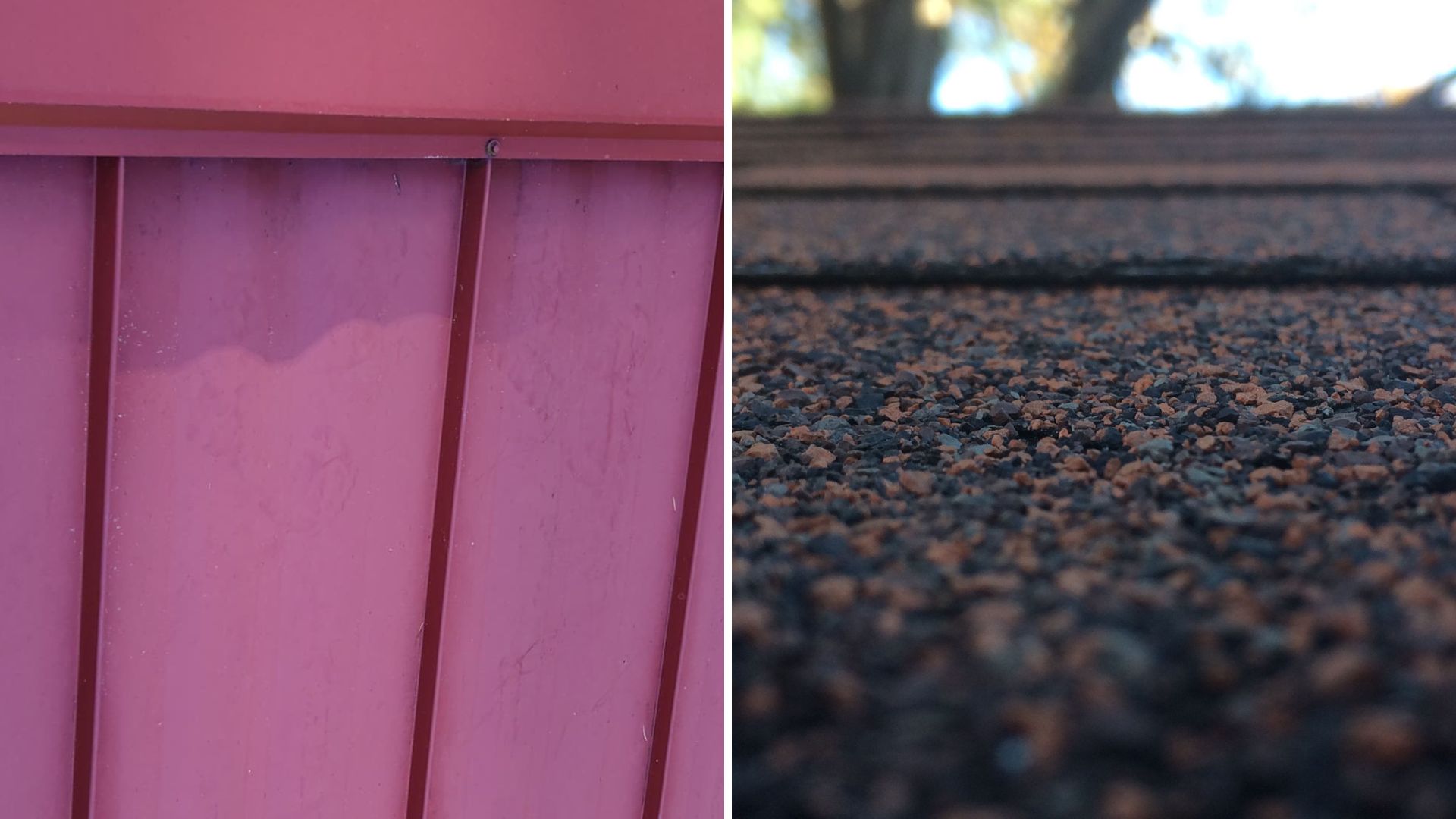 Close-up comparison of metal roof and architectural shingle textures by Alfred's Roofing.