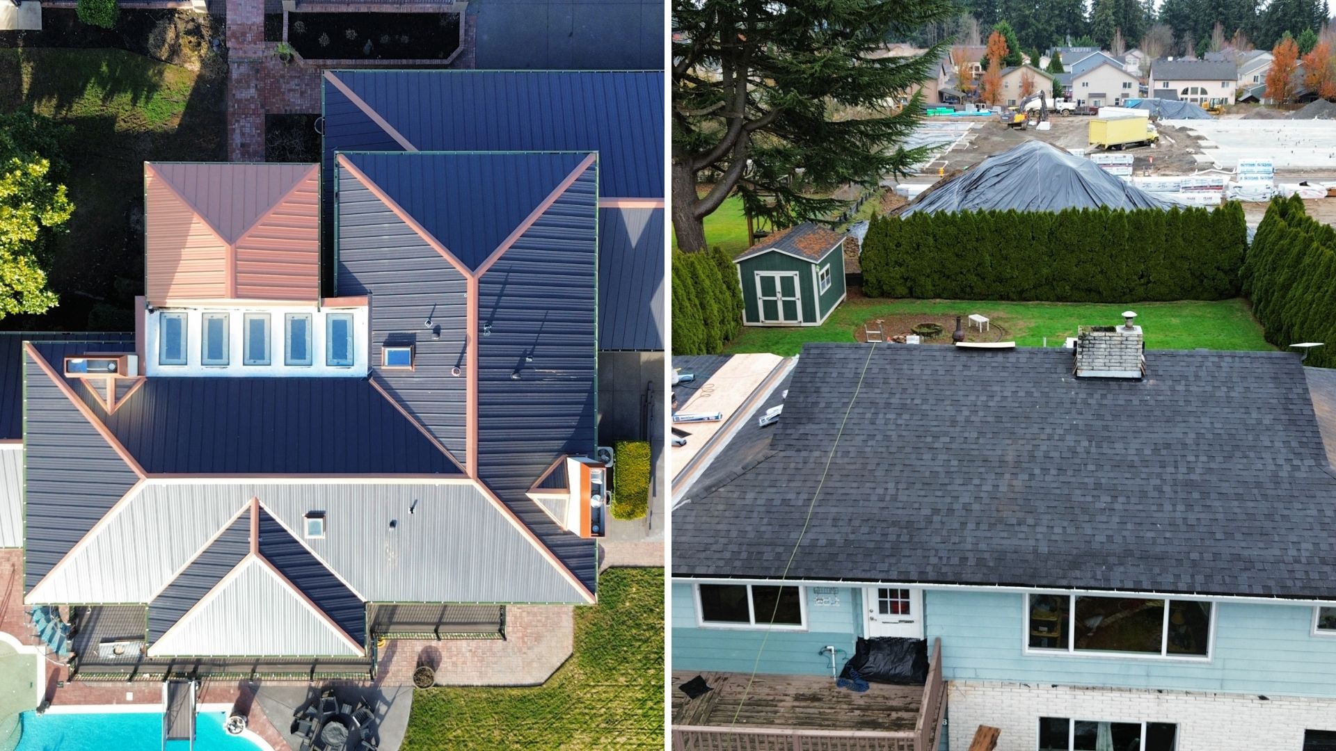 Metal roof vs shingles side by side on two Southwest Washington homes by Alfred's Roofing.