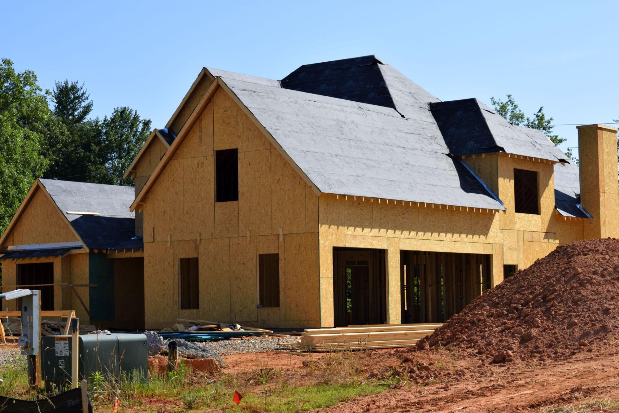 A new construction roof dried in with underlayment on a home being built in Battle Ground, WA