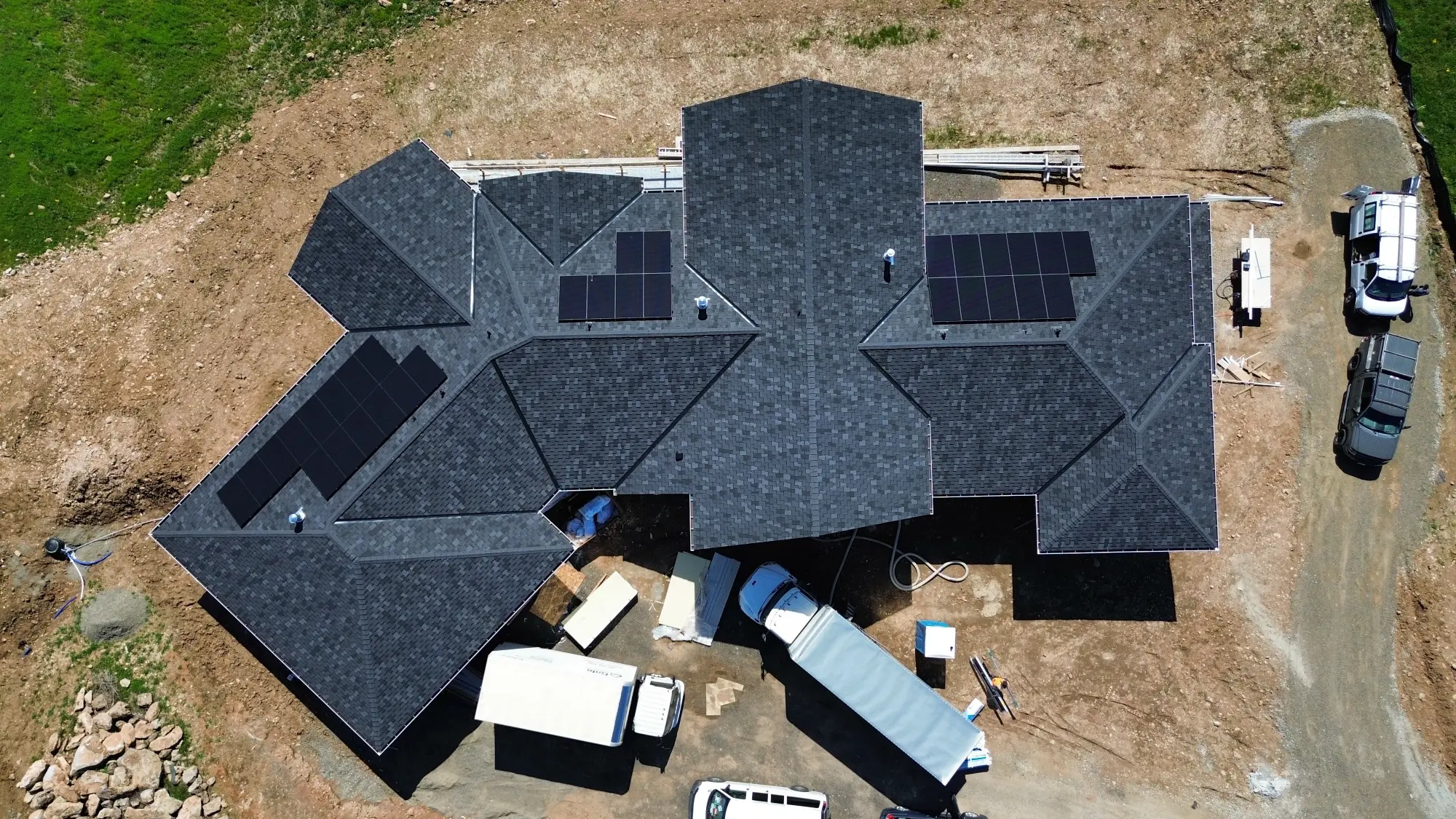 Aerial view of a new construction roof installed by Alfred's Roofing on a Southwest Washington home